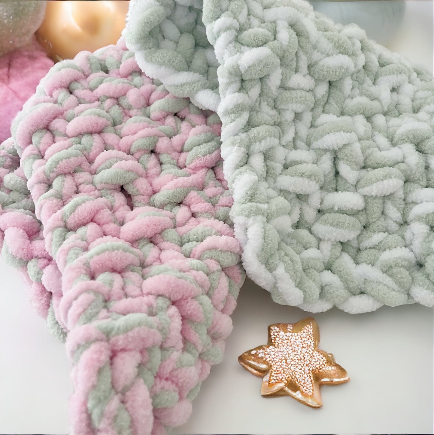 Marshmallow Snuggle Square | Hand-Knitted Chenille Comforter with Custom Two-Colour Design