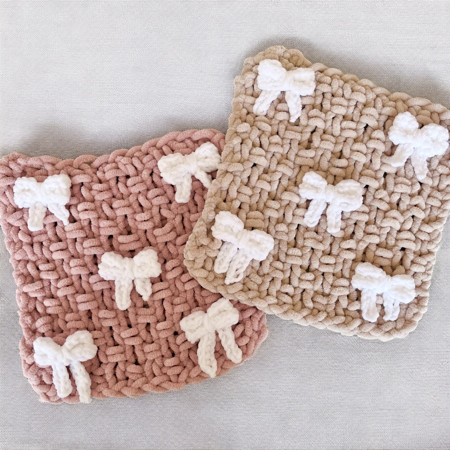 Knitted Chenille Baby Blanket with Bows + Matching Snuggle Square Comforter with Dummy Loop | Soft Baby Blanket Gift Set