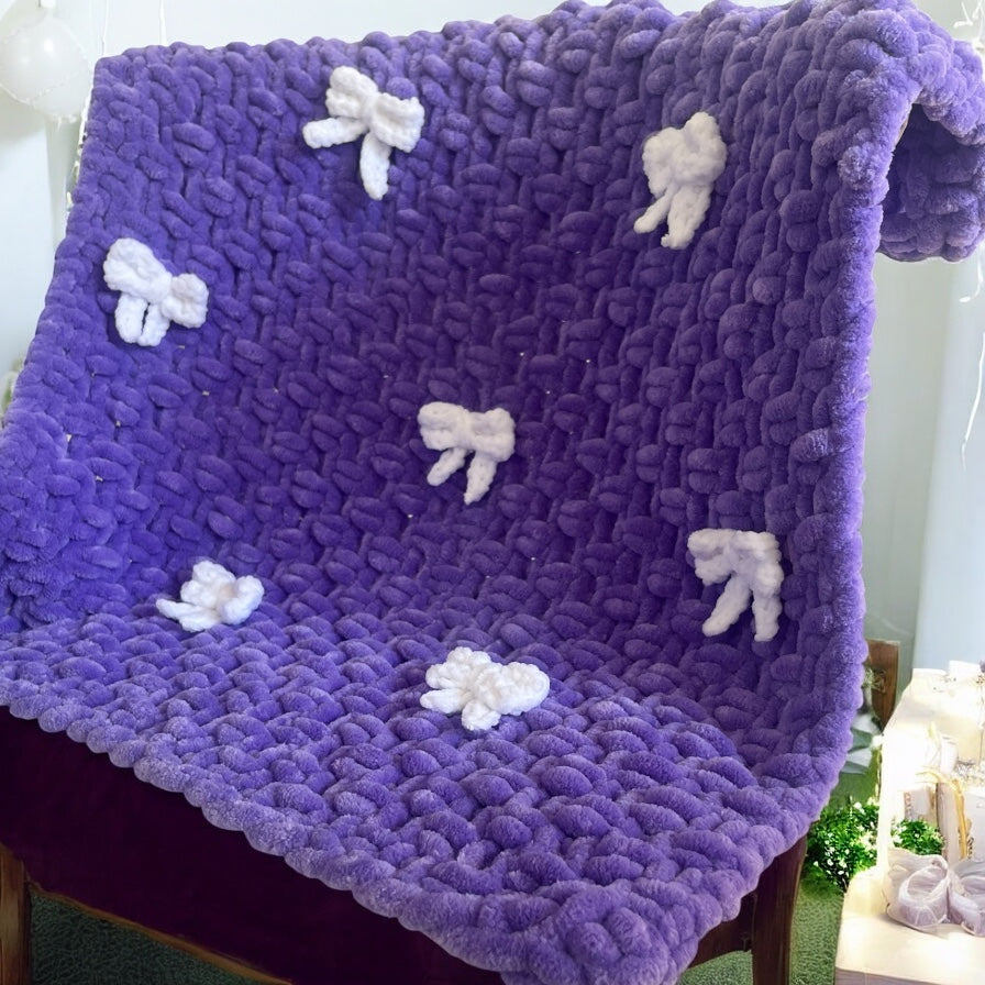 Knitted Chenille Baby Blanket with Bows + Matching Snuggle Square | Soft Baby Blanket Gift Set