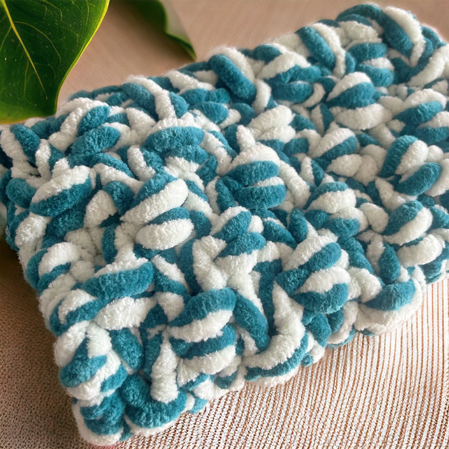 Marshmallow Snuggle Square | Hand-Knitted Chenille Comforter with Custom Two-Colour Design
