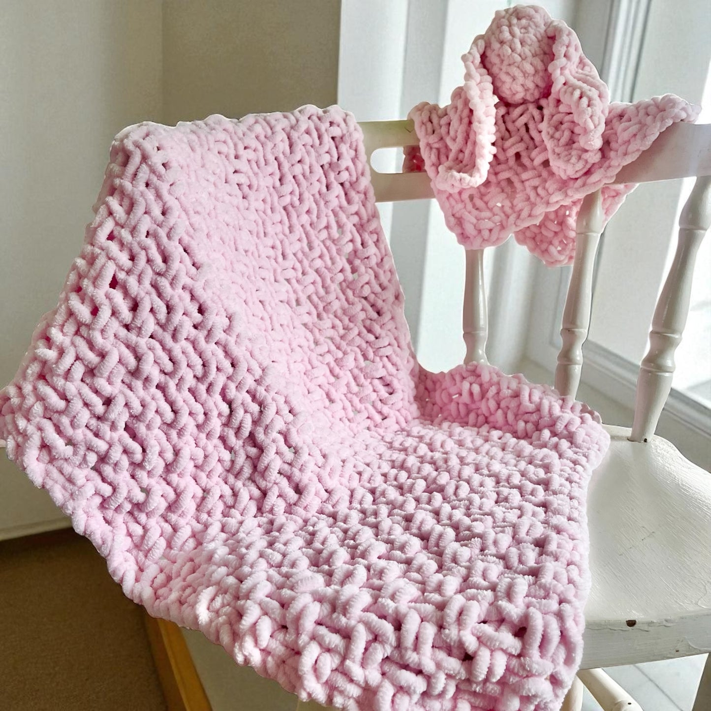 Baby Blanket & Snuggle Bunny Gift Set | Handmade Chenille Blanket & Plush Bunny Comforter | Custom Colour Newborn Gift