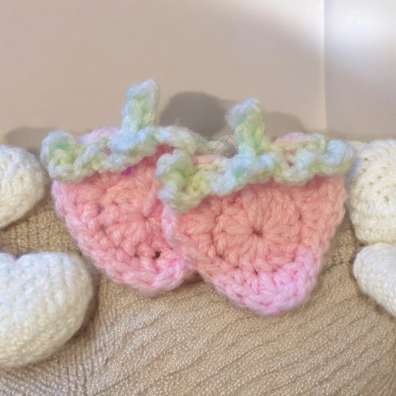 Knitted Chenille Toddler Blanket with Crocheted Strawberry Appliques + Matching Snuggle Square Comforter | Soft Toddler Blanket Gift Set