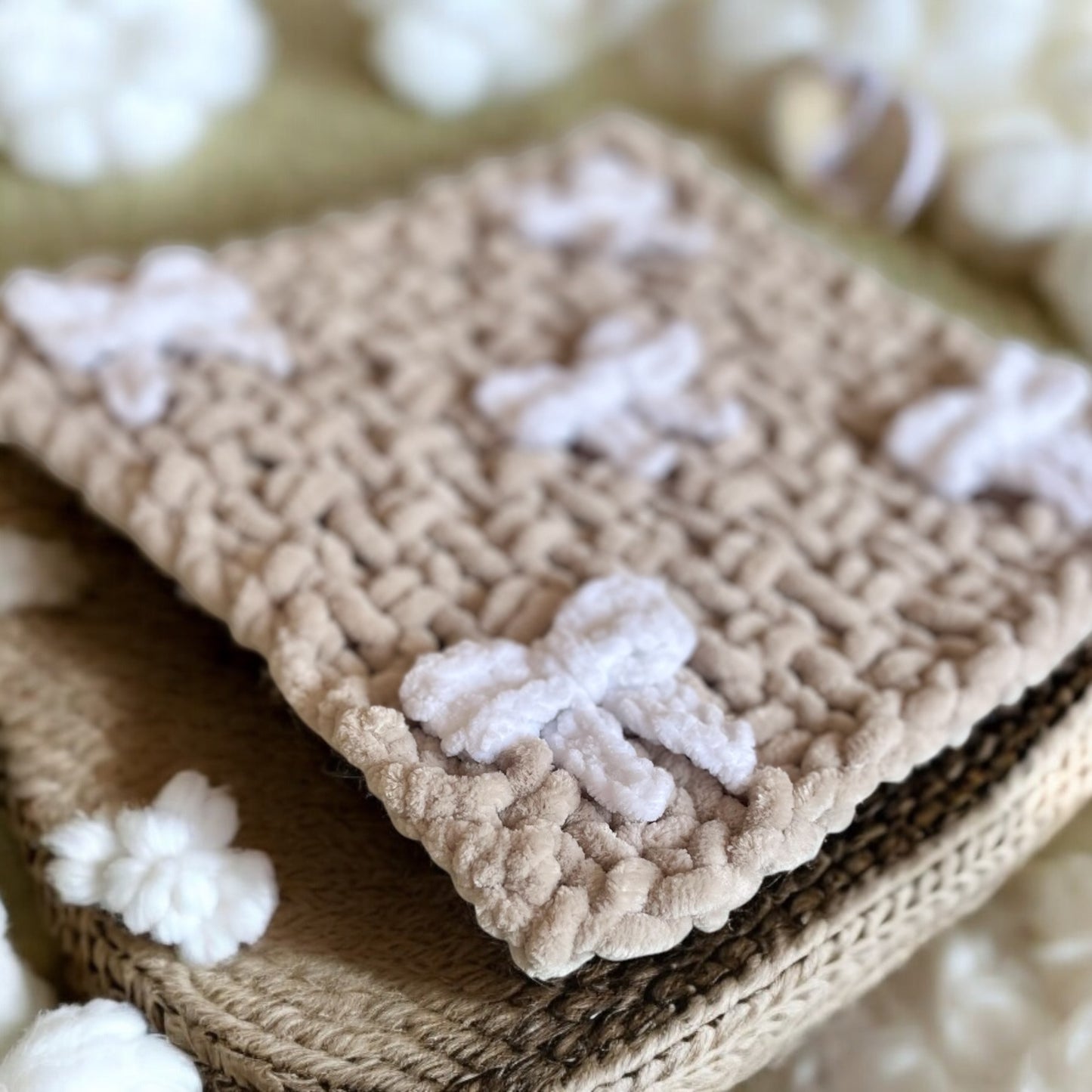 Knitted Chenille Baby Blanket with Bows + Matching Snuggle Square Comforter with Dummy Loop | Soft Baby Blanket Gift Set