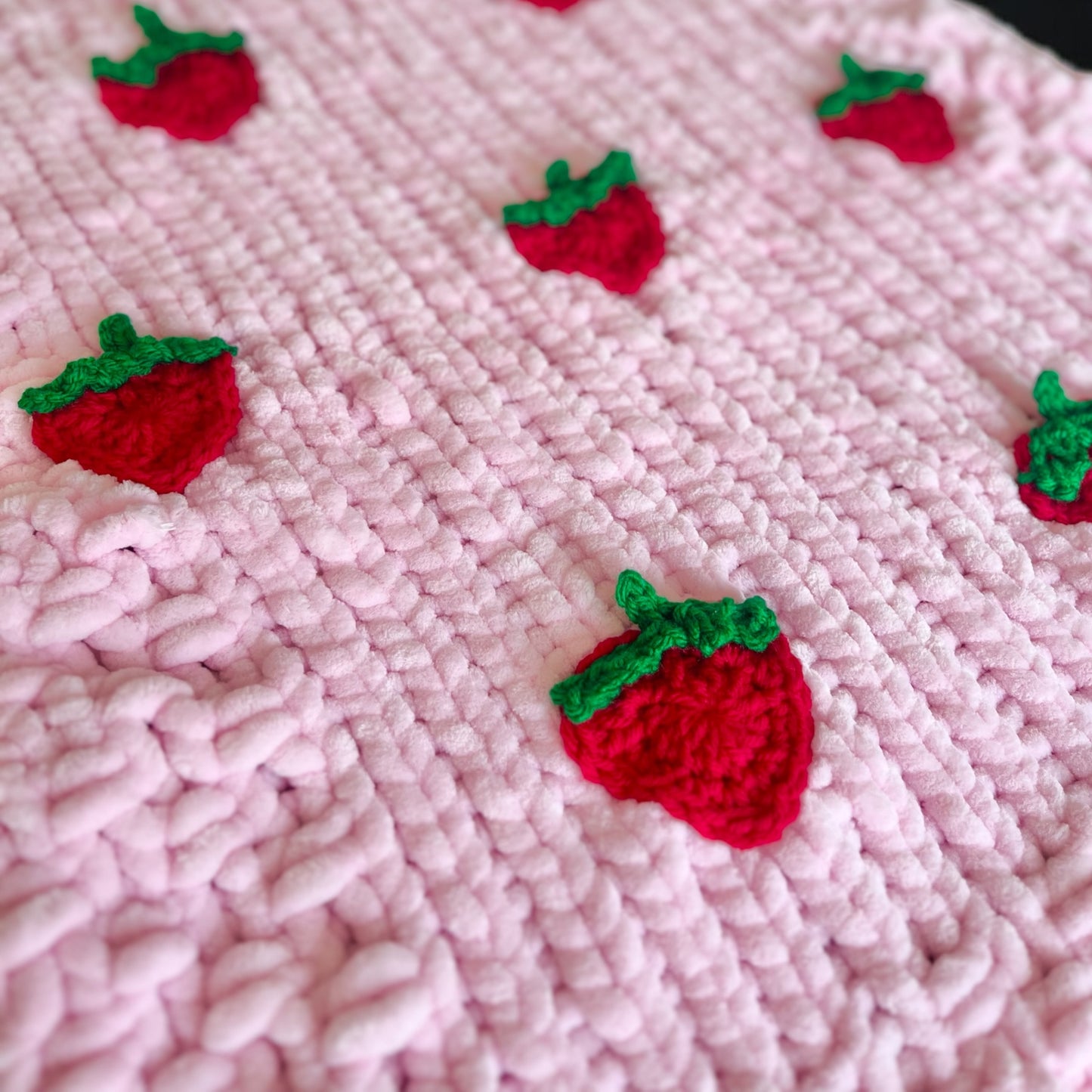 Knitted Chenille Toddler Blanket with Crocheted Strawberry Appliques + Matching Snuggle Square with Dummy Loop | Soft Toddler Blanket Gift Set
