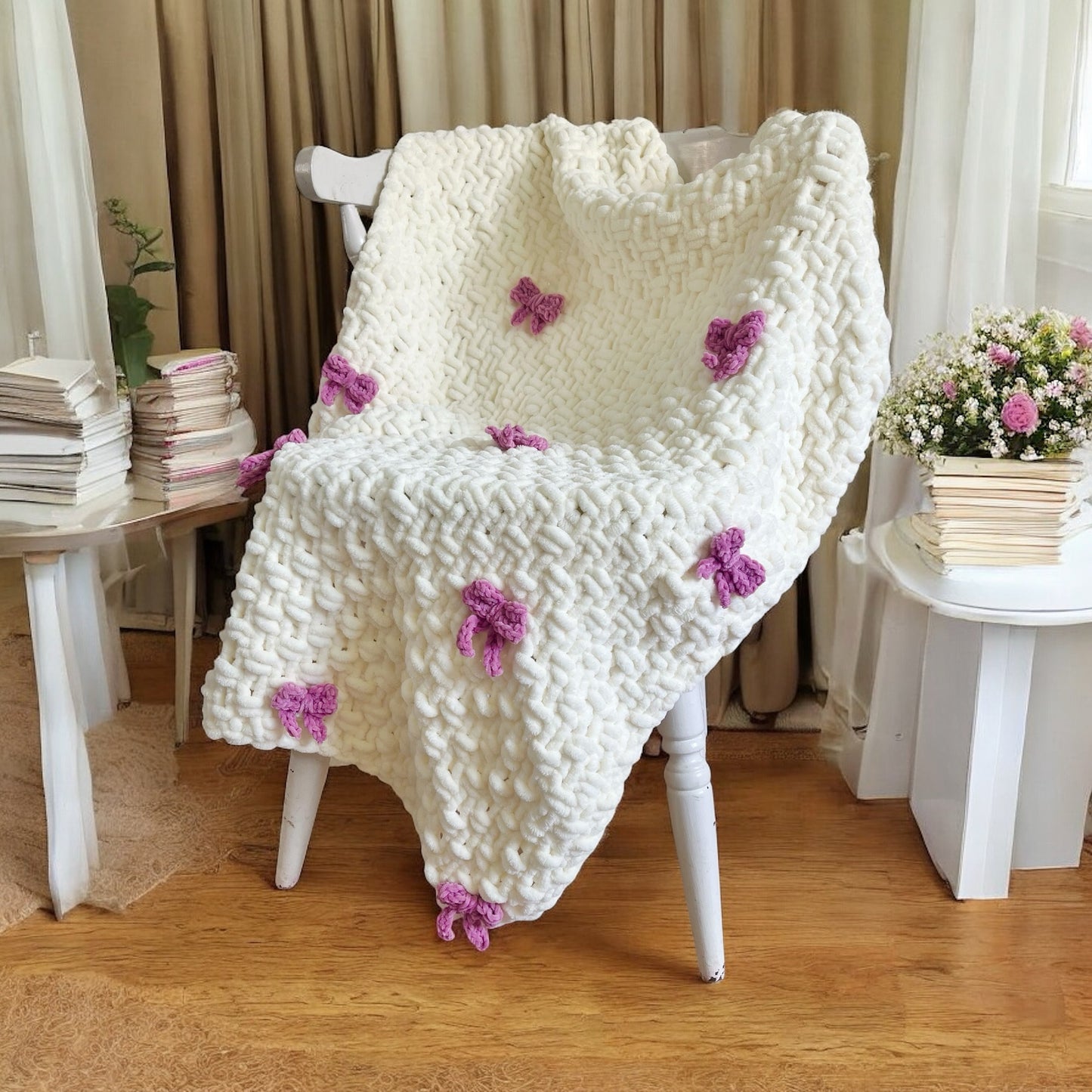 Knitted Chenille Toddler Blanket with Bows + Snuggle Square Comforter with Dummy Loop | Soft Baby Blanket Gift Set