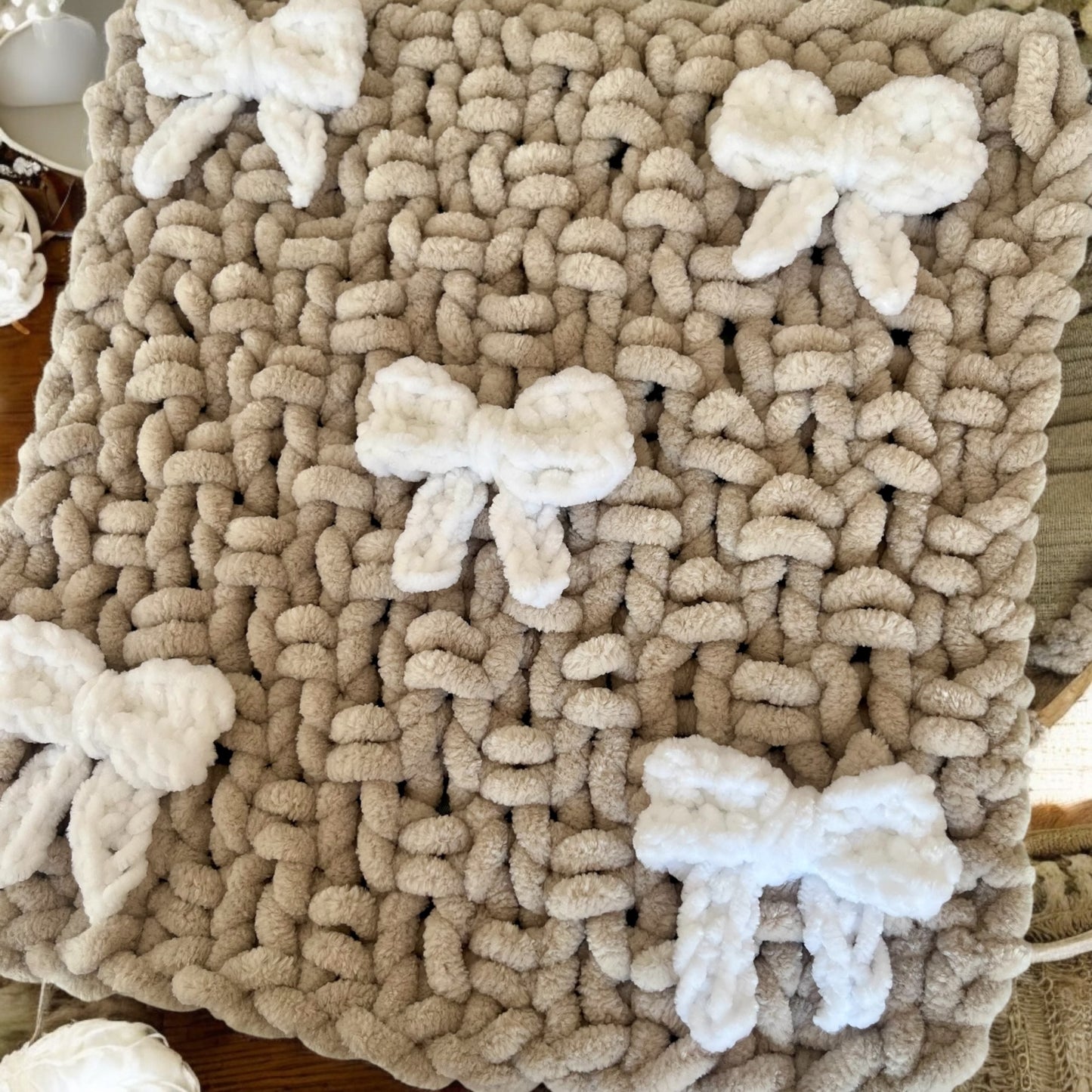 Knitted Chenille Baby Blanket with Bows + Matching Snuggle Square Comforter with Dummy Loop | Soft Baby Blanket Gift Set