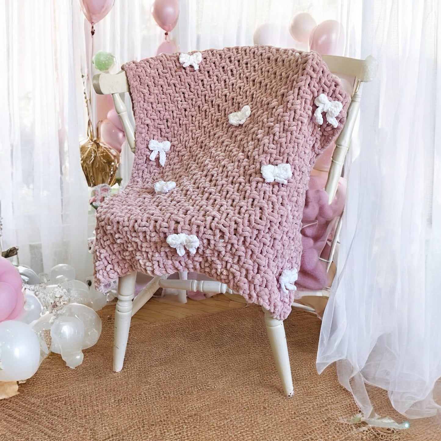 Knitted Chenille Baby Blanket with Bows + Matching Snuggle Square Comforter with Dummy Loop | Soft Baby Blanket Gift Set