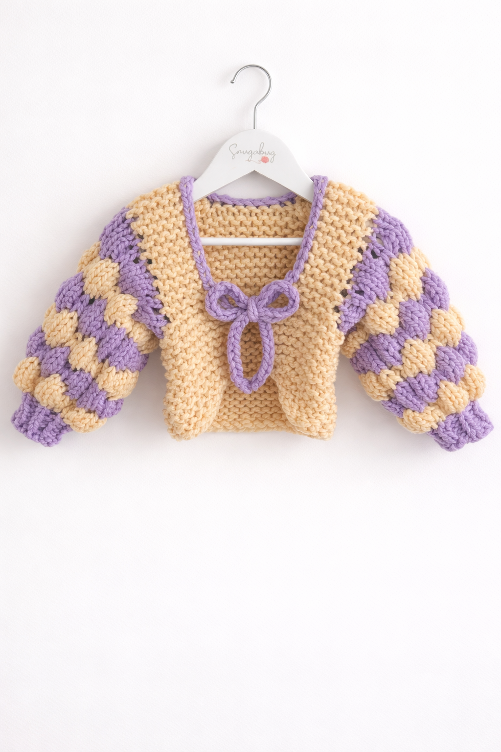 Two-Colour Bubble Sleeve Bolero | Hand-Knitted Children's Cardigan with Bow
