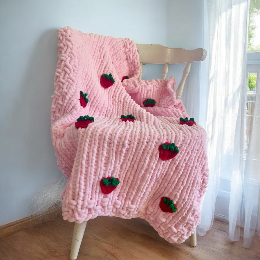 Knitted Chenille Toddler Blanket with Crocheted Strawberry Appliques + Matching Snuggle Square with Dummy Loop | Soft Toddler Blanket Gift Set