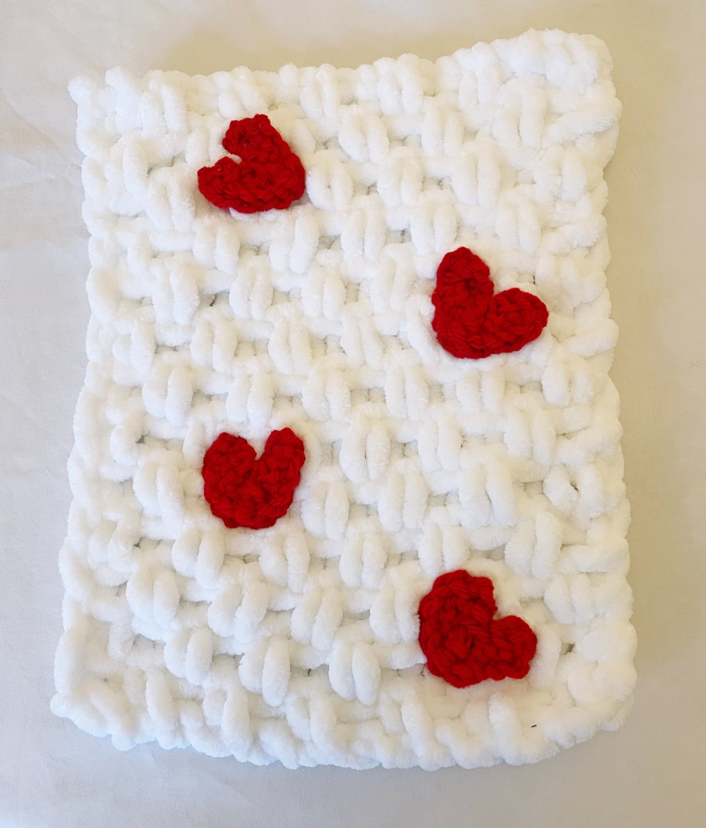 Snuggle Square with Heart Appliqués & Dummy Loop | Hand-Knitted Chenille Comforter