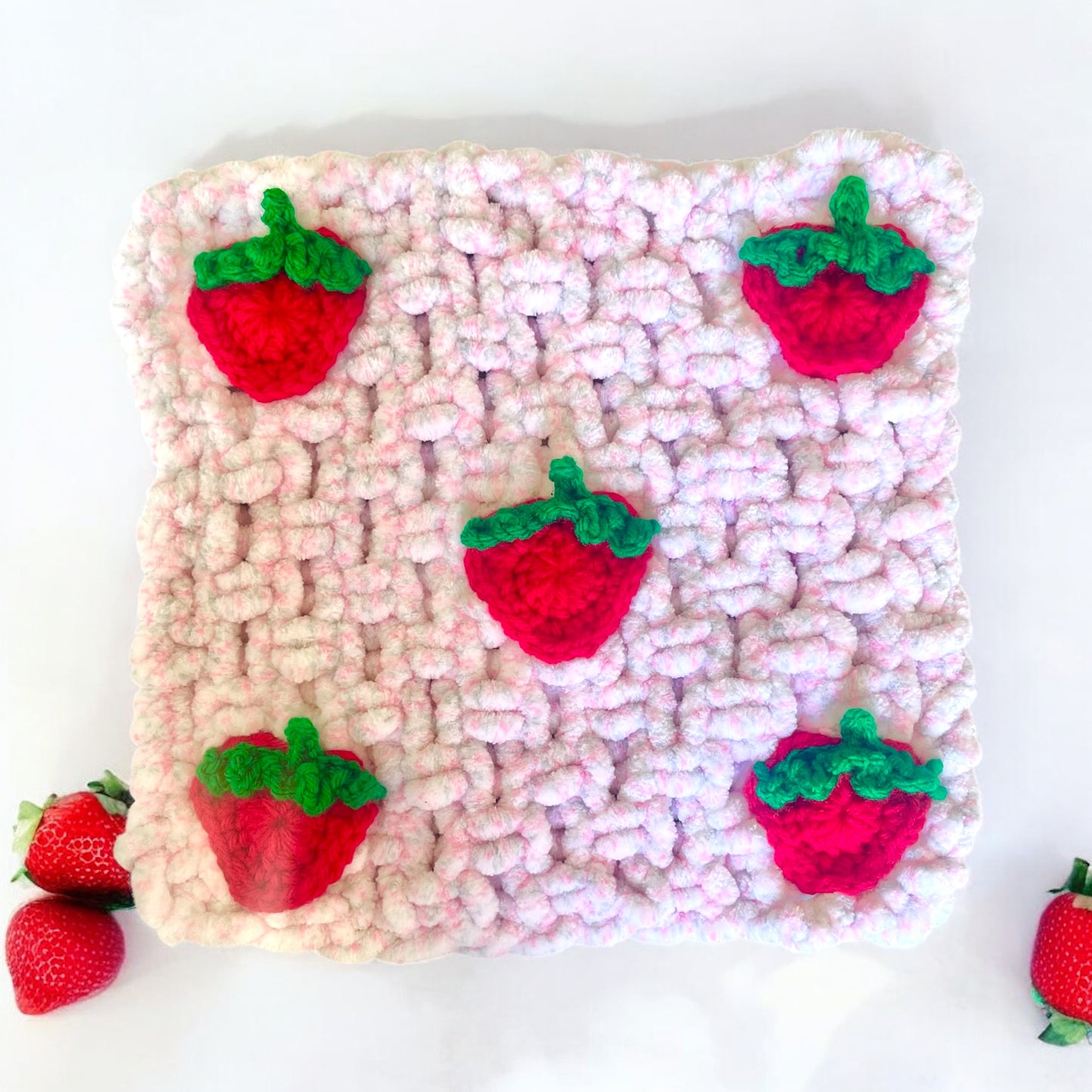 Knitted Chenille Toddler Blanket with Crocheted Strawberry Appliques + Matching Snuggle Square with Dummy Loop | Soft Toddler Blanket Gift Set