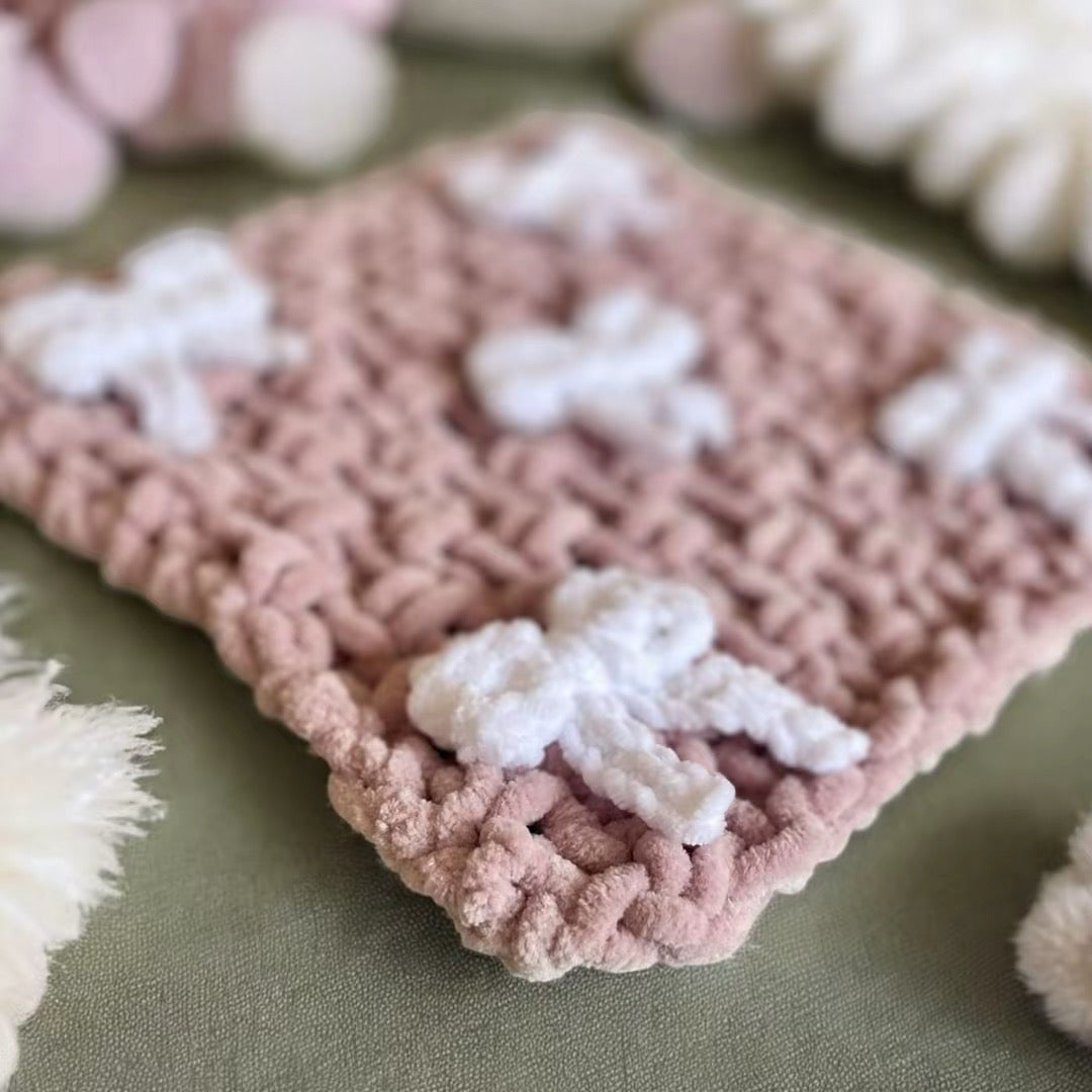 Knitted Chenille Baby Blanket with Bows + Matching Snuggle Square Comforter with Dummy Loop | Soft Baby Blanket Gift Set