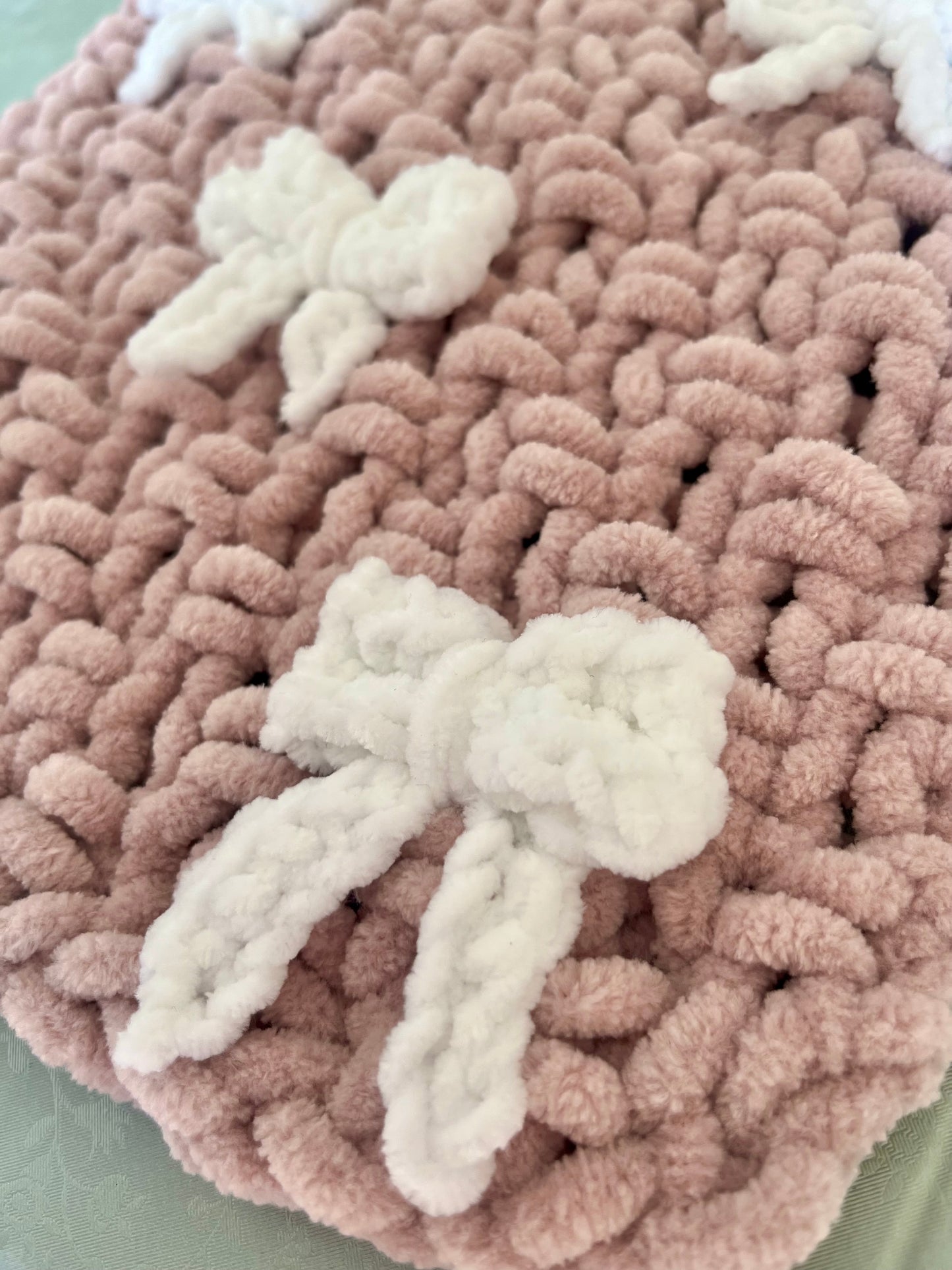 Knitted Chenille Baby Blanket with Bows + Matching Snuggle Square Comforter with Dummy Loop | Soft Baby Blanket Gift Set