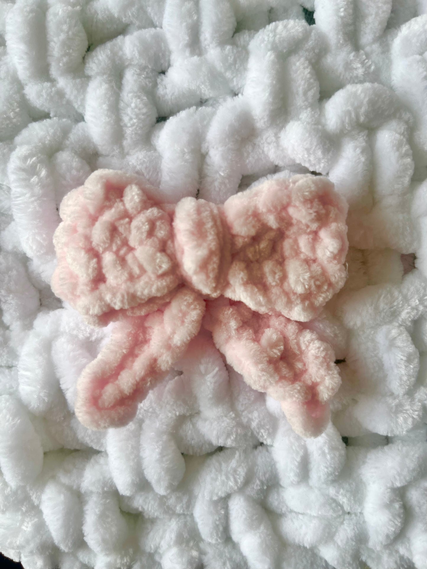 Hand-Knitted Chenille Snuggle Square with Bow Appliqués & Dummy Loop | Soft Baby Comforter