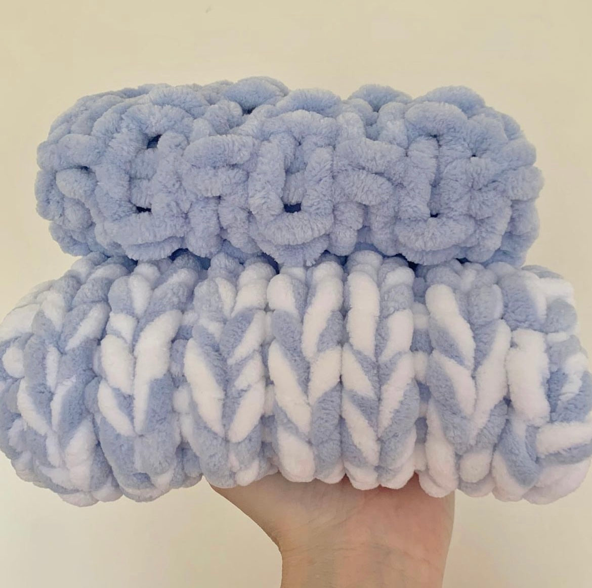 Marshmallow Snuggle Square | Hand-Knitted Chenille Comforter with Custom Two-Colour Design
