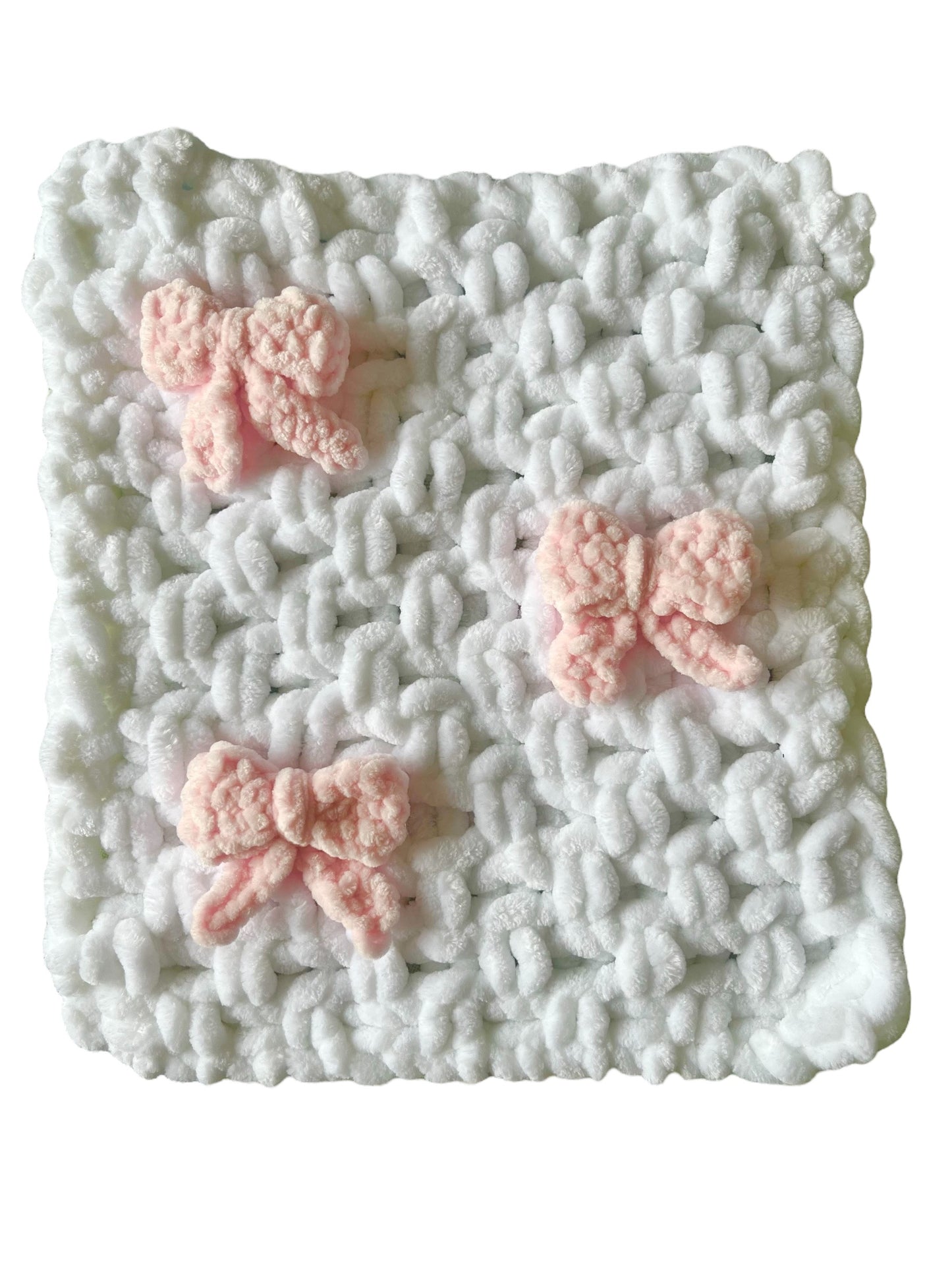 Hand-Knitted Chenille Snuggle Square with Bow Appliqués & Dummy Loop | Soft Baby Comforter