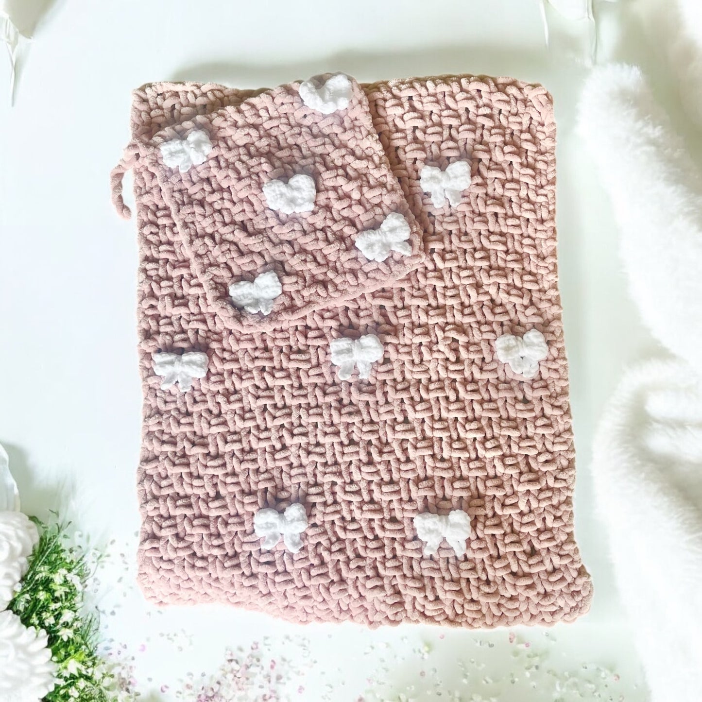 Knitted Chenille Baby Blanket with Bows + Matching Snuggle Square Comforter with Dummy Loop | Soft Baby Blanket Gift Set