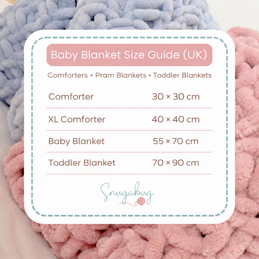 Baby blanket size guide showing comforter, pram blanket and toddler blanket dimensions in the UK.