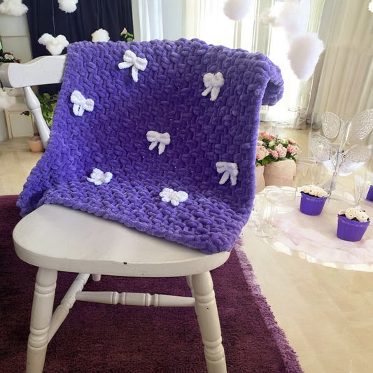 Knitted Chenille Baby Blanket with Bows + Matching Snuggle Square | Soft Baby Blanket Gift Set