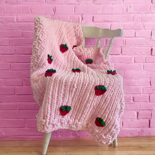 Knitted Chenille Toddler Blanket with Crocheted Strawberry Appliques + Matching Snuggle Square Comforter | Soft Toddler Blanket Gift Set