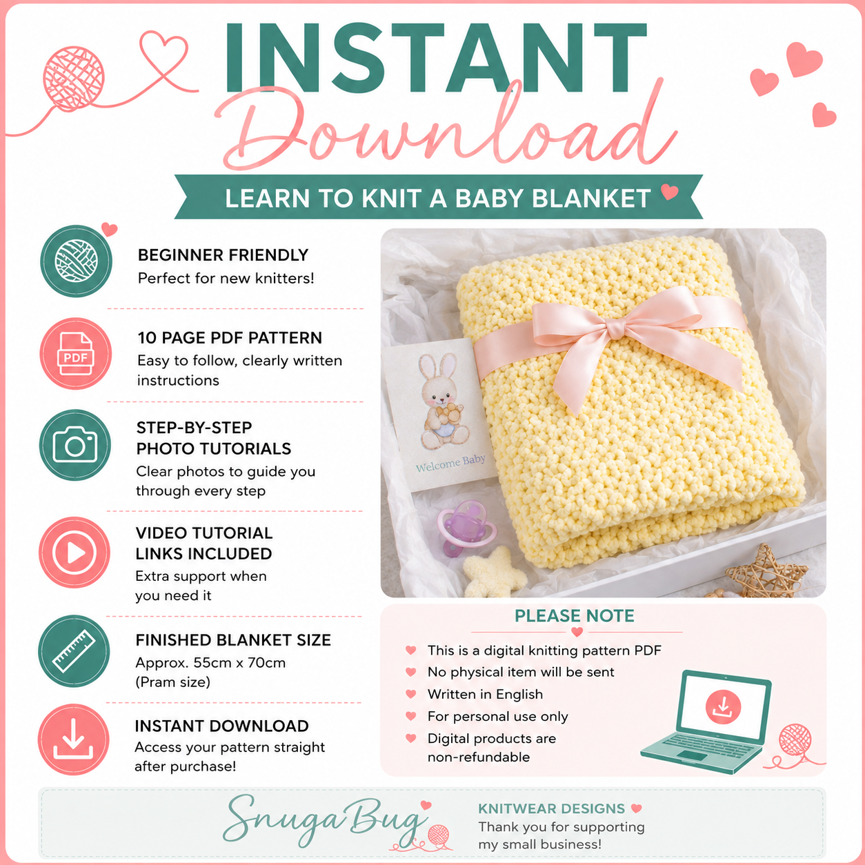 Learn to Knit a Baby Blanket for Beginners – Digital Pattern