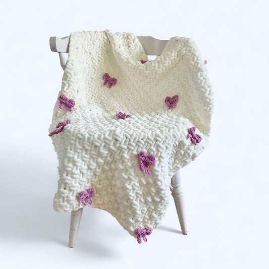 Knitted Chenille Toddler Blanket with Bows + Snuggle Square Comforter with Dummy Loop | Soft Baby Blanket Gift Set