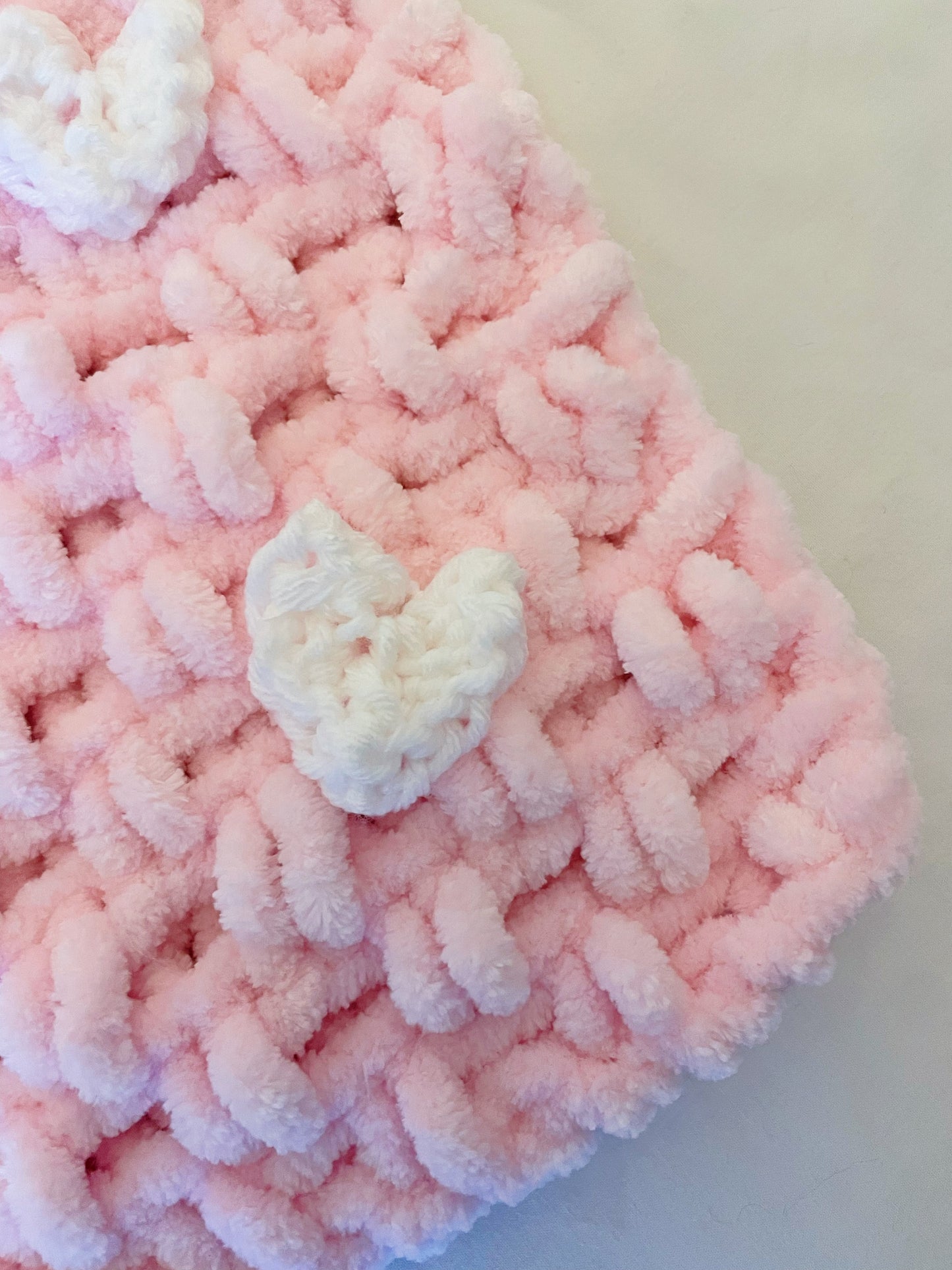 Snuggle Square with Heart Appliqués & Dummy Loop | Hand-Knitted Chenille Comforter