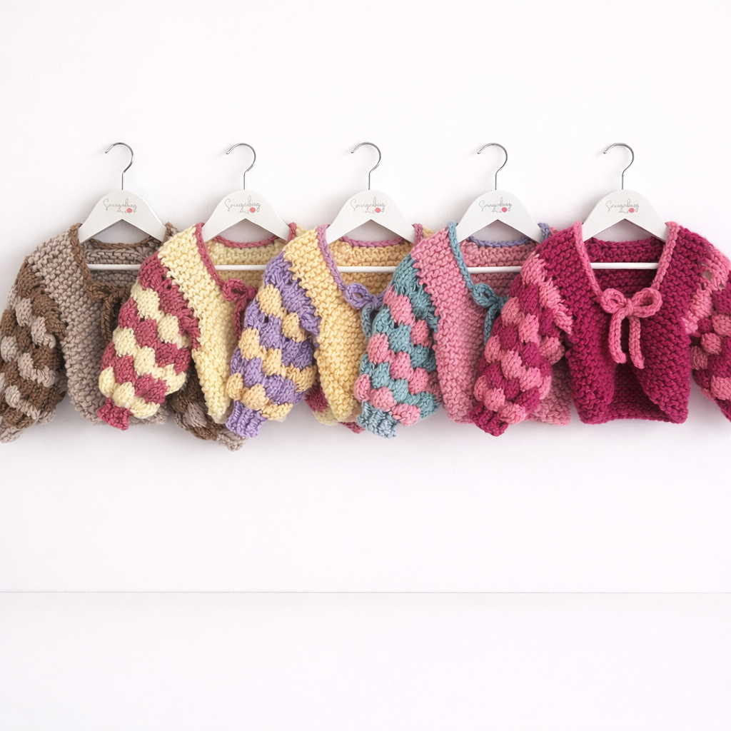 Two-Colour Bubble Sleeve Bolero | Hand-Knitted Children's Cardigan with Bow
