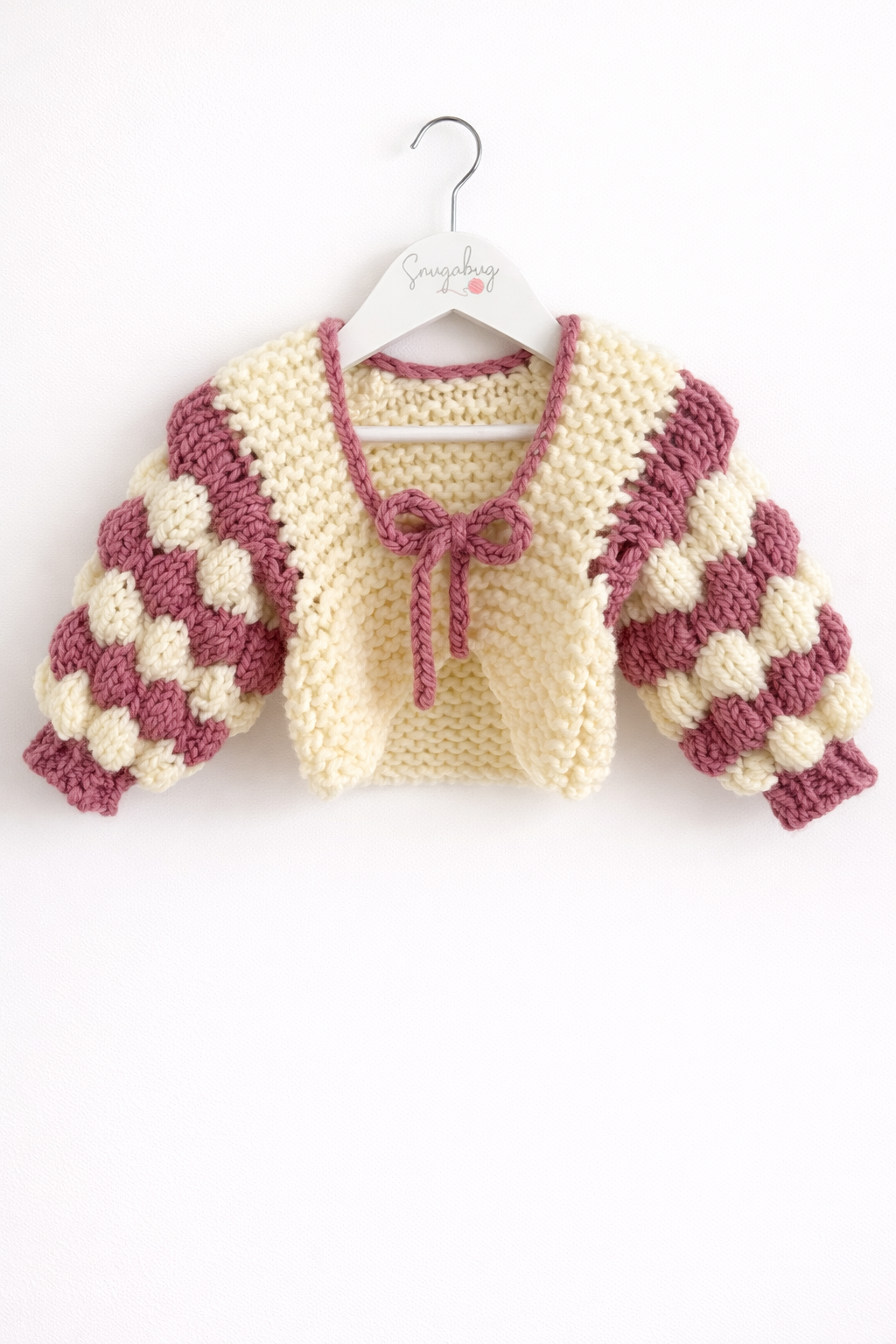 Two-Colour Bubble Sleeve Bolero | Hand-Knitted Children's Cardigan with Bow