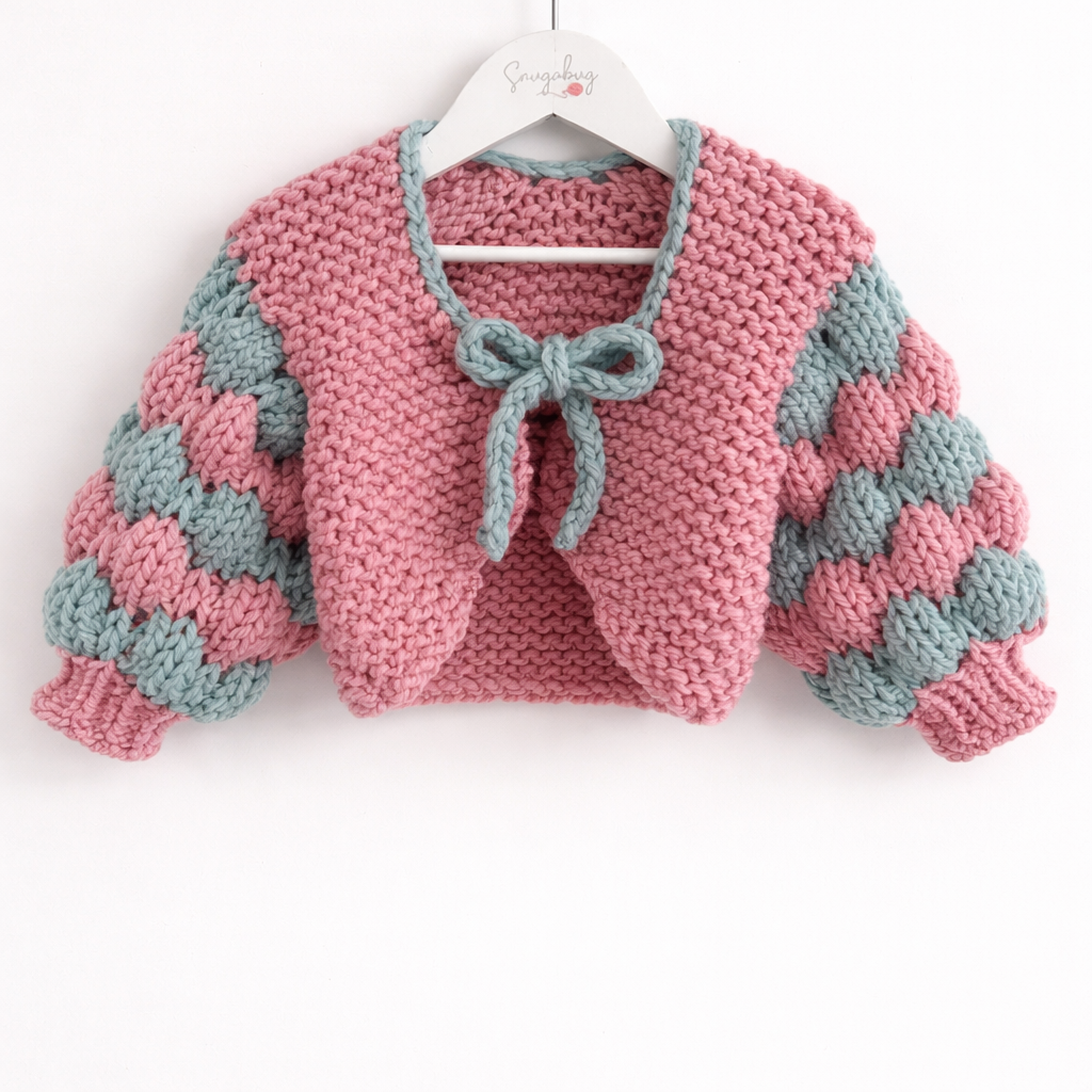 Two-Colour Bubble Sleeve Bolero | Hand-Knitted Children's Cardigan with Bow