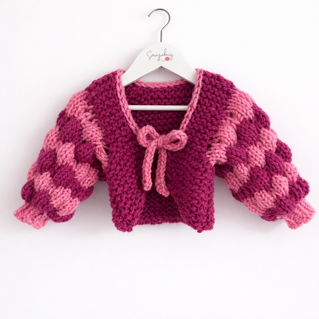 Two-Colour Bubble Sleeve Bolero | Hand-Knitted Children's Cardigan with Bow