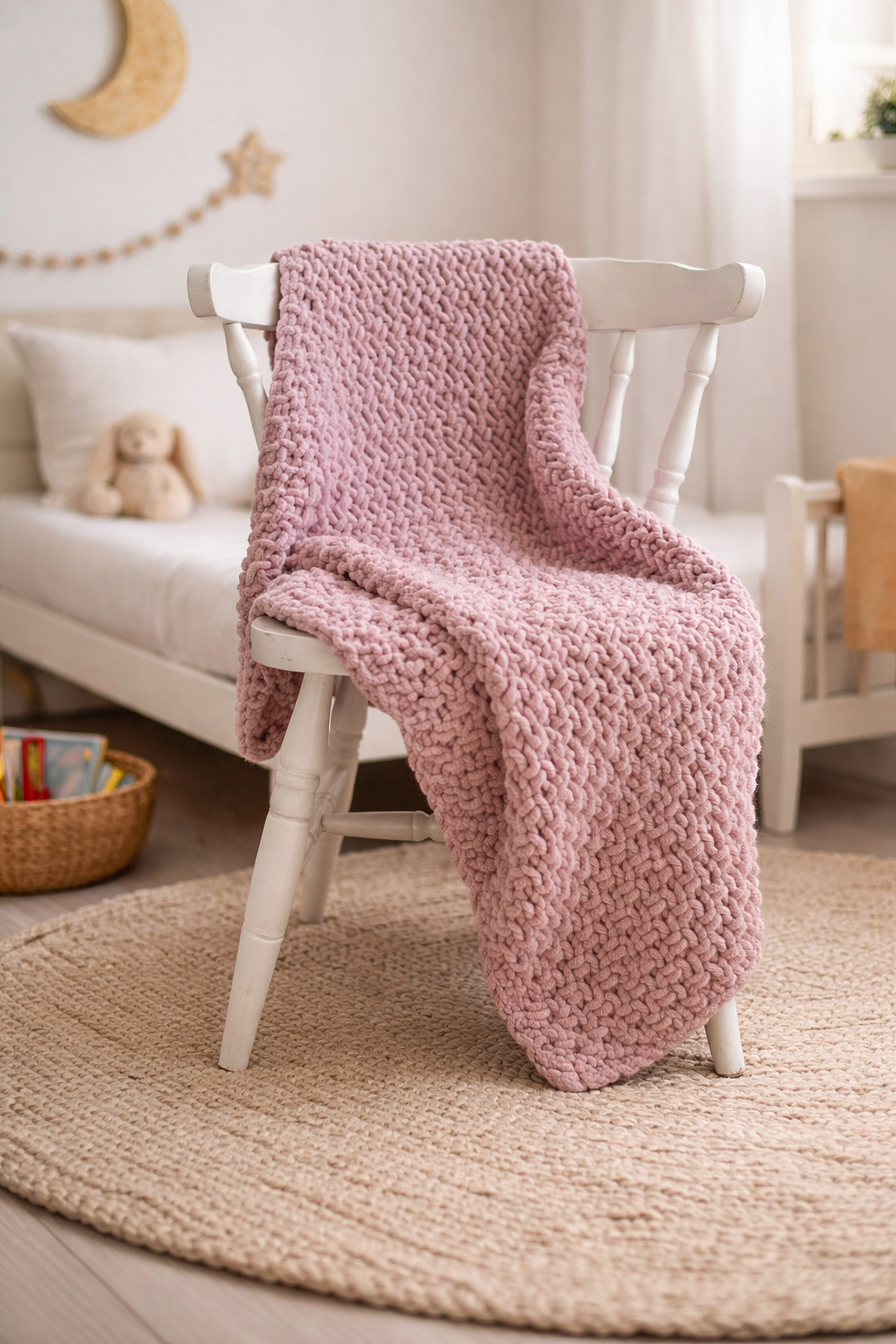 Dusk pink knitted chenille blanket draped over a white chair in a cozy room with a rug and toys.