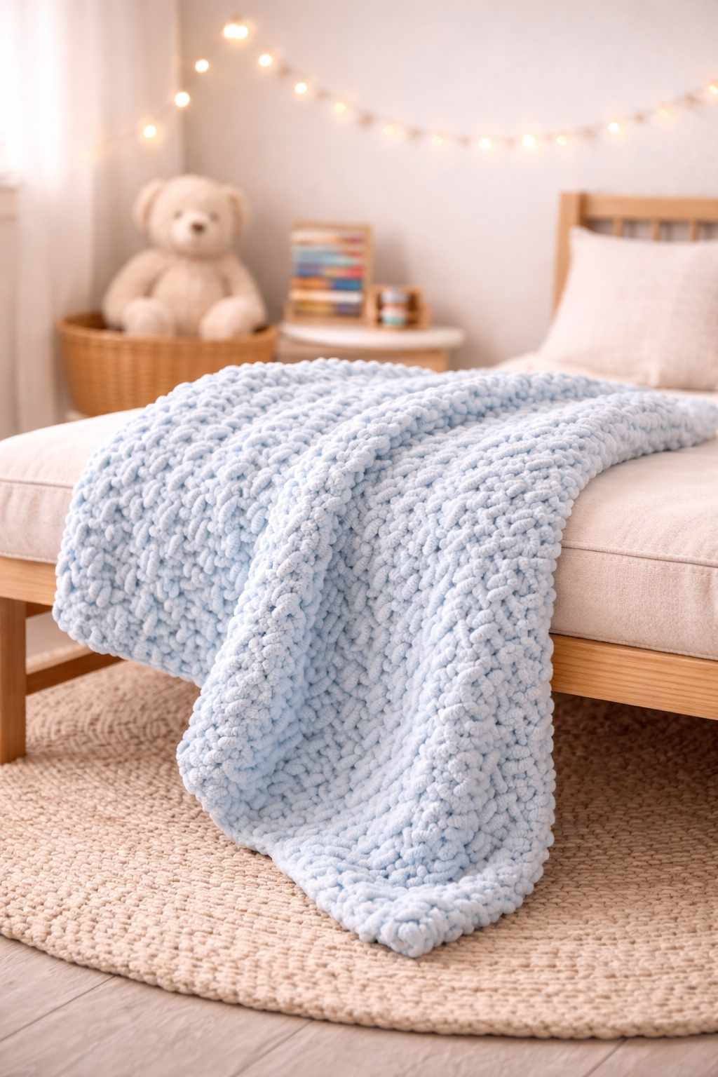Light blue knitted chenille toddler blanket on a bed with a teddy bear and books in the background.