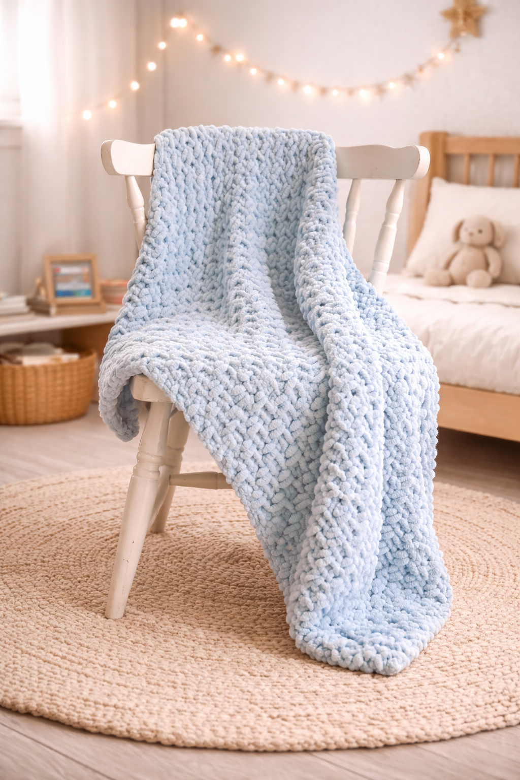 Light blue knitted chenille toddler blanket draped over a wooden chair in a cosy room with string lights and a teddy bear.