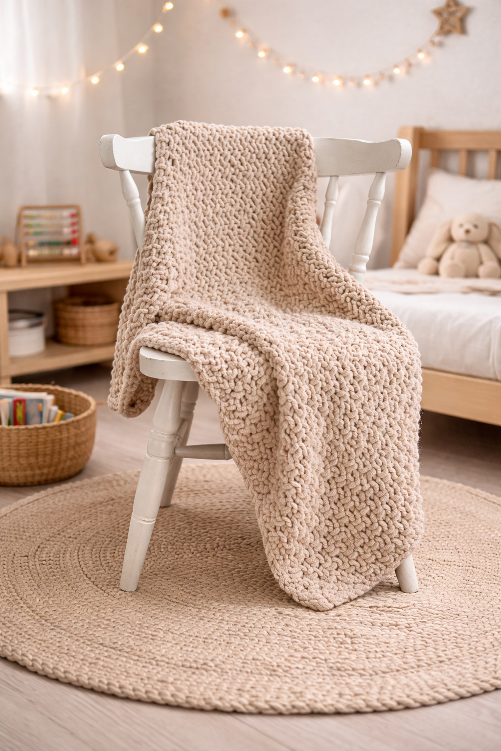 Beige knitted chenille blanket draped over a white chair in a cozy room with toys and a bed.