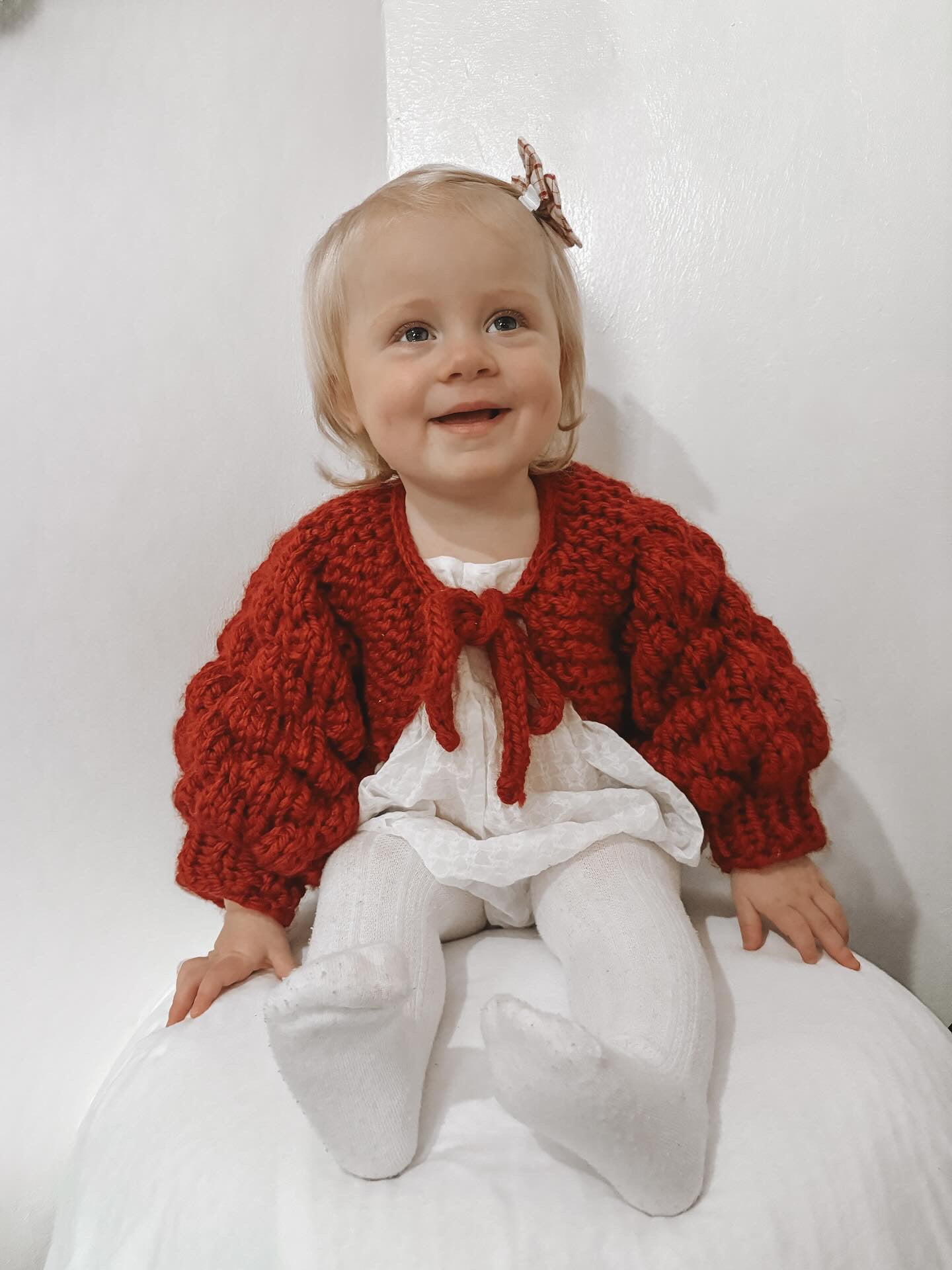 Hand-Knitted Bubble Sleeve Baby Bolero | Soft Toddler Cardigan with Bow