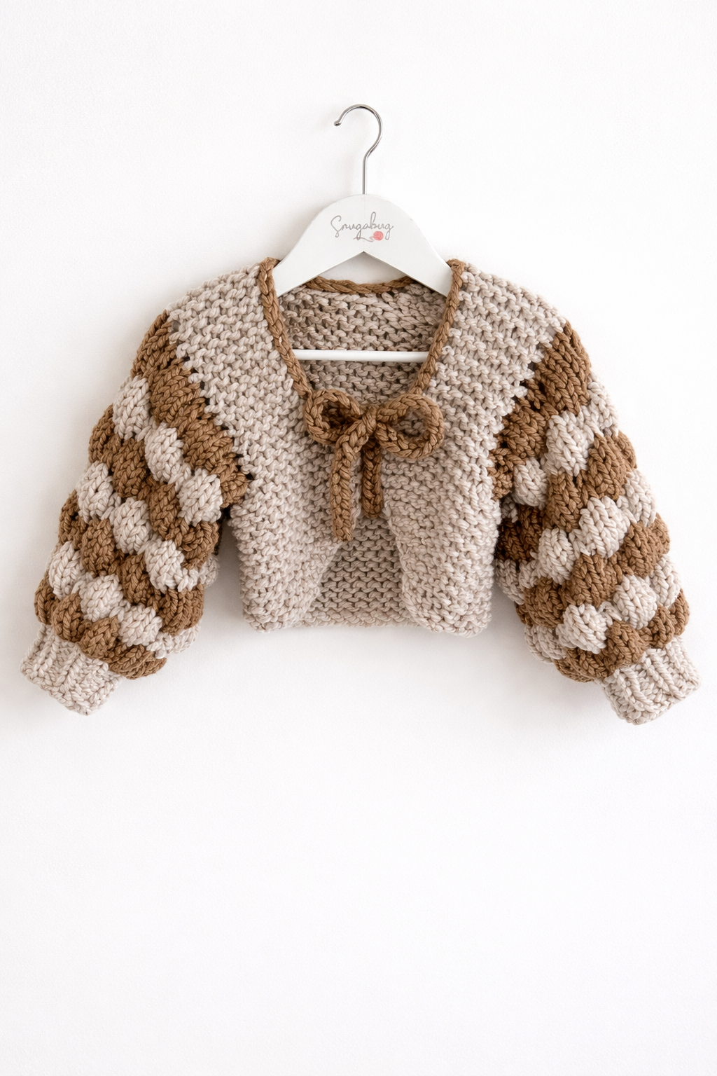 Two-Colour Bubble Sleeve Bolero | Hand-Knitted Children's Cardigan with Bow