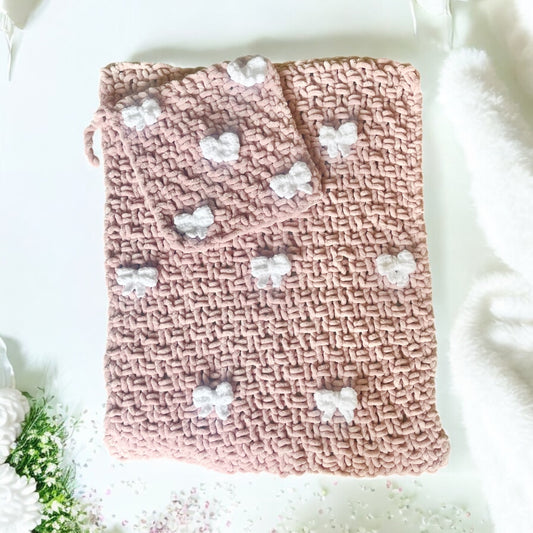 Knitted Chenille Baby Blanket with Bows + Matching Snuggle Square Comforter with Dummy Loop | Soft Baby Blanket Gift Set