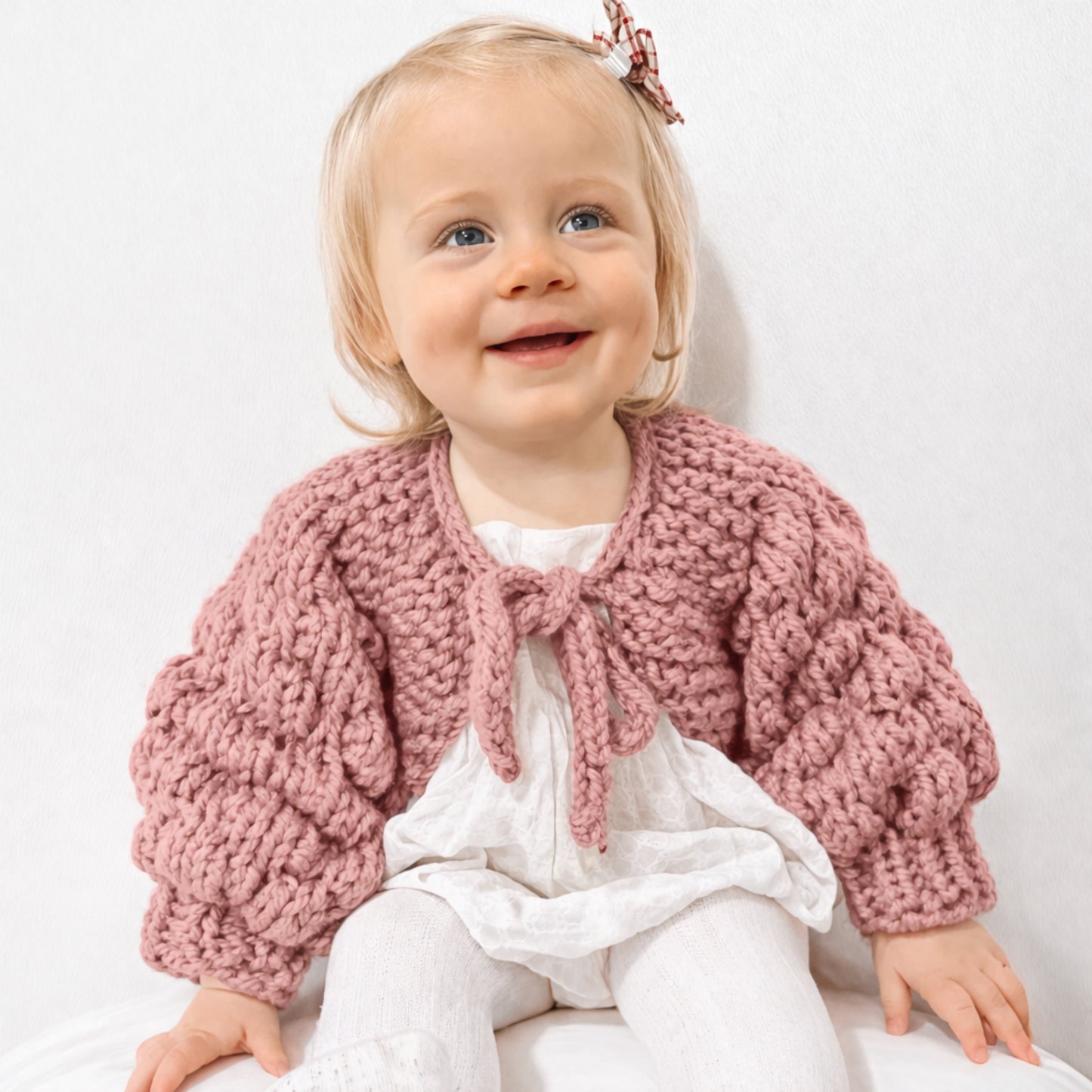 Hand-Knitted Bubble Sleeve Baby Bolero | Soft Toddler Cardigan with Bow